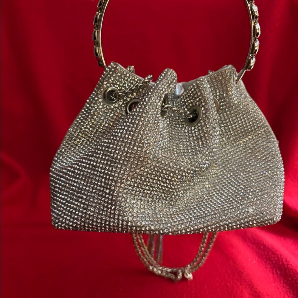 Silver Rhinestones Drawstring Mini Bucket Bag - Picture 4 of 8